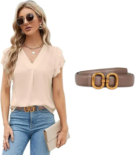 Vista 296 de Cinturón de cuero clásico con hebilla de metal para mujer con vestido de jeans