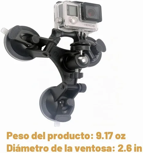 Vista 3 de Soporte de triple ventosa para cámara de acción para parabrisas de automóvil con cabeza roscada de 1/4, trípode de 360 grados y tornillo para DJI