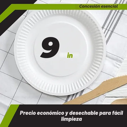 Vista 2 de Concession Essentials Plato de papel, 9" blanco sin recubrimiento 100ct