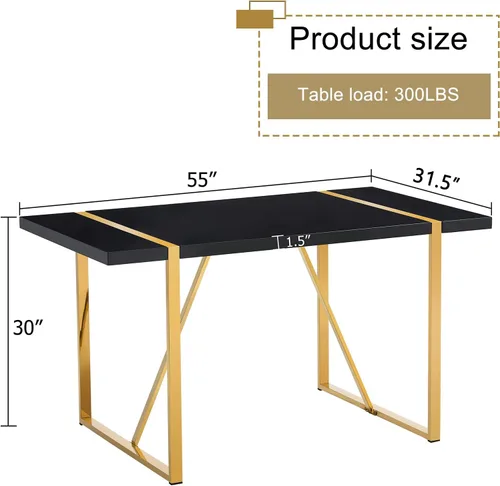 Vista 3 de Mesa de comedor Ebullient para 4, mesa de comedor rectangular negra de MDF, tapa de mesa de cena de mármol falso, mesa de comedor moderna con marco