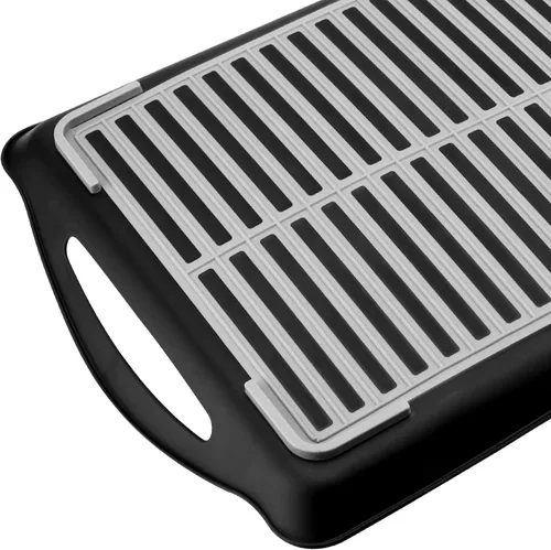 Vista 4 de Paquete de 4 bandejas antideslizantes para servir alimentos con asas, bandeja rectangular de plástico de 16.5 x 11.4 x 1.57 pulgadas, bandeja negra