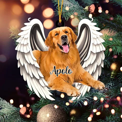 Vista 2 de GODMERCH Adorno personalizado de Golden Retriever con alas de ángel, adorno de Navidad acrílico para perros, adorno colgante de perro personalizado