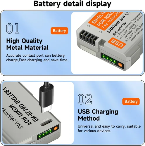Vista 5 de EN-EL14, EN-EL14A USB C Batería de repuesto de carga directa para Nikon D3500, D3100, D3200, D3300, D3400, D5100, D5200, D5300, D5500, D5600, DF