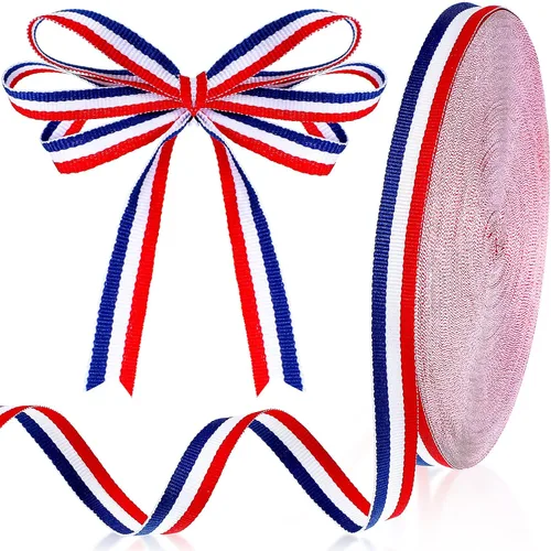 Vista 8 de Cinta de grogrén a rayas rojas, blancas y azules para envolver regalos del Día de los Caídos, decoración de fiestas, manualidades y costura