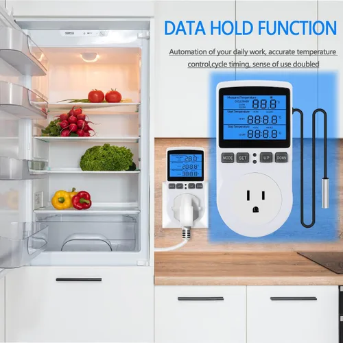 Vista 5 de Controlador de temperatura digital retroiluminado, pantalla LCD, termostato de refrigeración de calefacción, enchufe de salida con sensor regulador