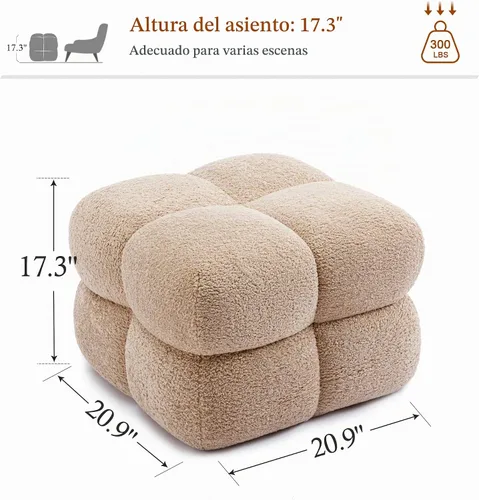 Vista 2 de Taburete otomano cuadrado, mesa de centro otomana Boucle con cobertura completa, taburete de tocador moderno, puf tapizado con reposapiés para Beige
