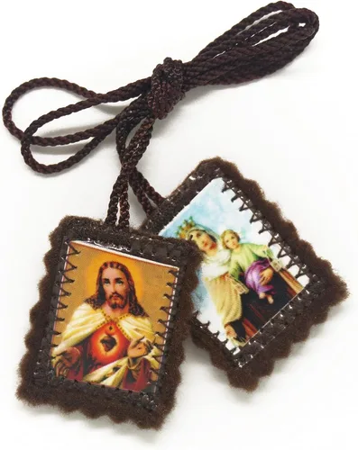 Vista 6 de Escapulario Católico Marrón Lana Rectangular Icono Hecho A Mano Corazón Sagrado de Jesús con Nuestra Señora Monte Carmelo por Zaraleas