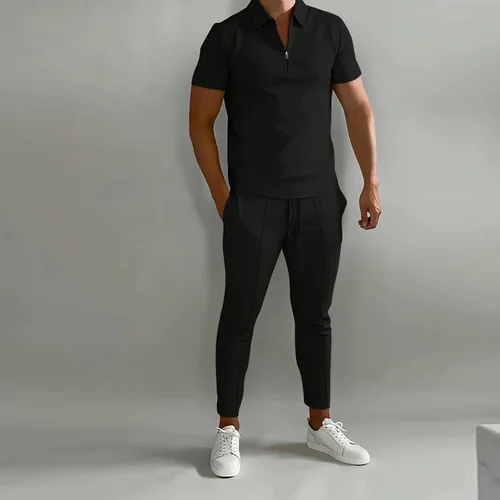 Vista 4 de Conjunto casual de 2 piezas para hombre, camisa polo de manga corta y pantalón, conjunto deportivo de playa y verano, elegante traje deportivo