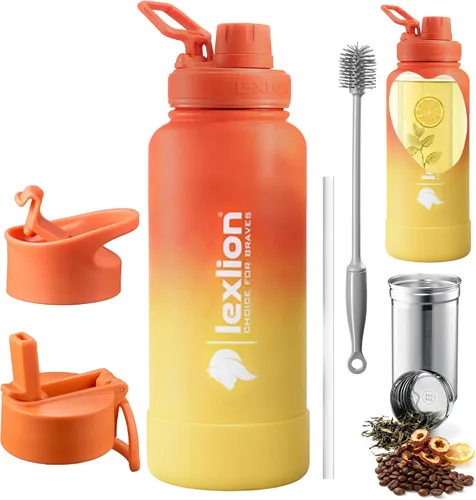 Vista 3 de Lexlion Botella de agua de 14 onzas, de acero inoxidable con aislamiento de triple pared, resistente al olor y a la tensión, botella reutilizable, 1