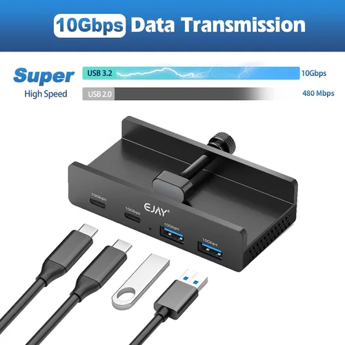 Vista 6 de EJAY 4 puertos 10Gbps USB-C HUB USB3.2 Abrazadera USB HUB Divisor, adaptador USB-C montable con cable de datos y alimentación para iMac 2021