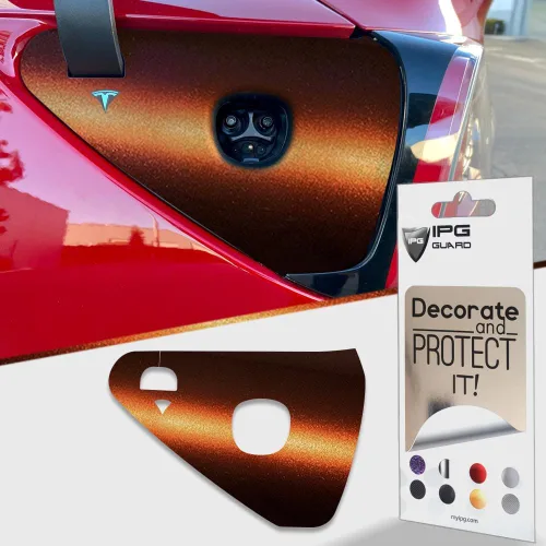 Vista 10 de IPG para Tesla Model 3/Y - Adhesivos de tapa de carga 2021-23 - Juego de pegatinas DIY - Aluminio cepillado oscuro