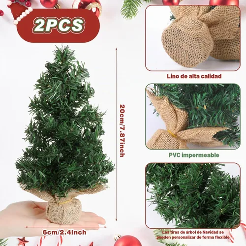 Vista 2 de Yinder 2 piezas de mini árbol de Navidad de mesa de 7.87 pulgadas, árbol de Navidad artificial en miniatura de pino con base de lino