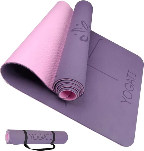 Vista 9 de YOGATI® Esterilla de Yoga con Correa con Líneas de Alineación. Esterilla de Entrenamiento en Casa para Mujeres, Hombres y Niños. Esterilla de Yoga