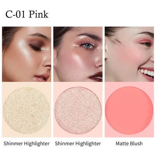 Vista 2 de Boobeen Kit de rubor e iluminador, paleta de polvo prensado de maquillaje 3 en 1, bronceador brillante, rubor mate naranja y rosa, paleta facial