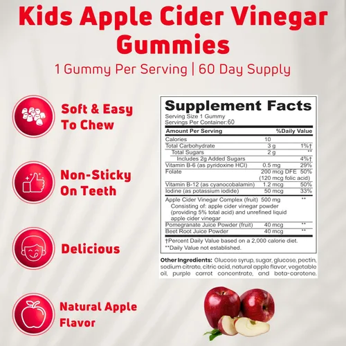 Vista 3 de Gomitas veganas de vinagre de sidra de manzana para niños con madre, 60 porciones, 60 unidades sin gelatina de 500 mg de gomitas ACV. Sin OMG, sin