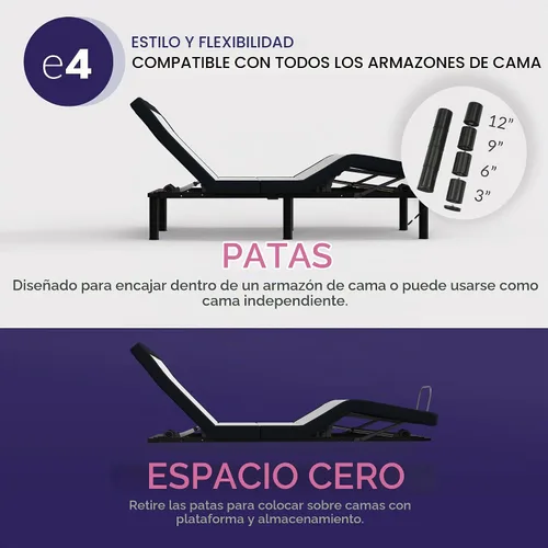 Vista 7 de Blissful Nights E4 - Base de cama ajustable King con parte superior dividida plegable, masaje, anti ronquidos, USB, luz nocturna, control remoto