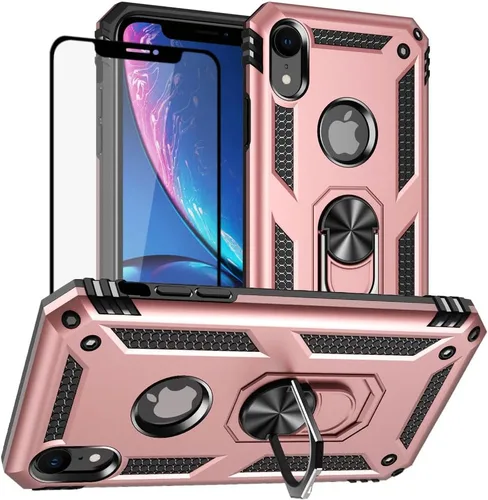 Vista 10 de Yiakeng Funda para iPhone XR, iPhone XR con protector de pantalla, fundas protectoras de grado militar con anillo para iPhone XR (negro)