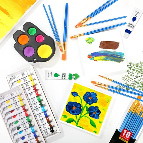 Vista 6 de ESRICH Juego de pintura acrílica de 12 colores (paquete de 2) con 20 pinceles, 24 pinturas acrílicas para adultos, principiantes, artistas