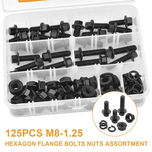 Vista 7 de VIGRUE Juego de 125 pernos hexagonales con brida M8-1.25 x 16/20/25/30mm, tuercas y arandelas, surtido de pernos y tuercas métricas, tuercas