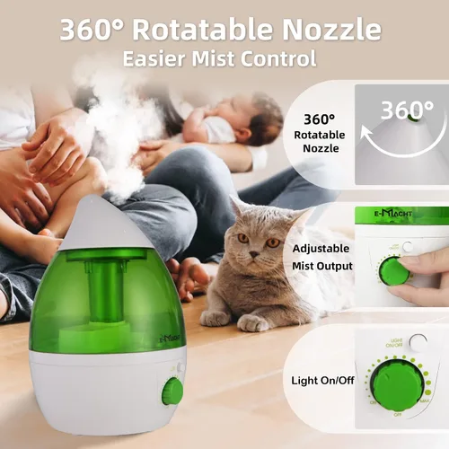 Vista 2 de Humidificador de niebla fría para dormitorio y habitaciones pequeñas, boquilla silenciosa de rotación de 360°, ajustable, luz nocturna y apagado