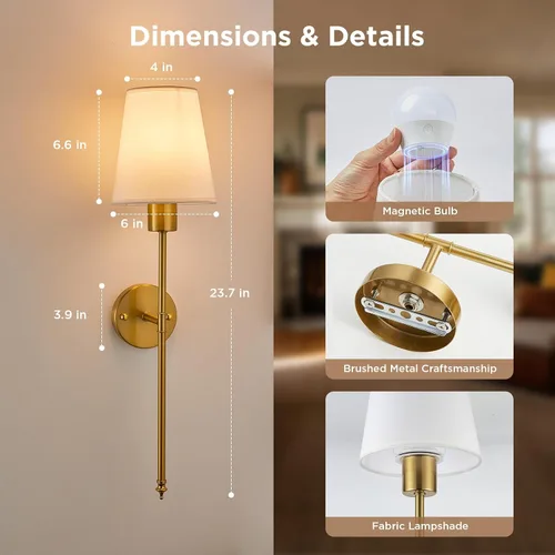 Vista 7 de Brightown RGBWW - Juego de 2 apliques de pared con pilas, luces de pared inalámbricas recargables con bombillas magnéticas regulables y control