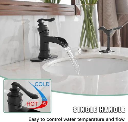 Vista 4 de BWE grifo de baño negro cascada sola manija solo agujero grifo de lavabo con línea de suministro paquete de drenaje desplegable con desbordamiento