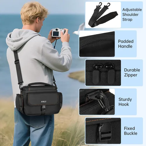 Vista 5 de ANILD DSLR - Bolsa cruzada para cámara fotográfica, resistente al agua, bolsa de mensajero para cámara fotográfica de viaje con soporte