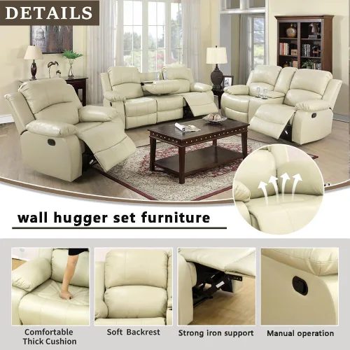 Vista 3 de Juego de muebles de cuero sintético para sala de estar, juego de sofá reclinable, sofá de dos plazas, juegos de muebles para sala de estar, sofá