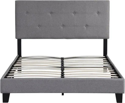 Vista 3 de Epinki Base de cama tapizada de tamaño matrimonial con cabecera moderna de tela de lino capitoné con botones, soporte de listones de madera