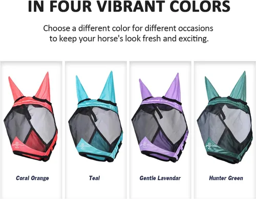 Vista 15 de Harrison Howard Máscara de mosca de caballo luminosa profesional estándar con orejas protección UV para caballo, azul y plateado, pequeño poni Azul