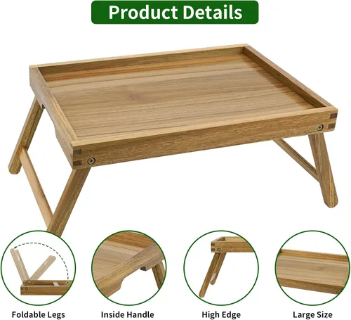 Vista 4 de VaeFae Bandeja de mesa de cama de acacia, bandeja de desayuno de madera con patas plegables, bandeja de cama para comer y computadora portátil