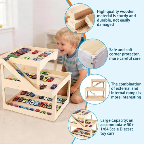 Vista 9 de Vitrina de madera para Hot Wheels Matchbox Storage Garage Hold 50+ Toy Car