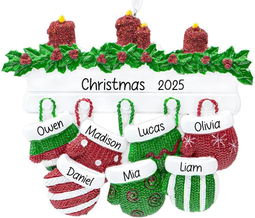 Vista 11 de Adorno de Navidad personalizado para familia de 6 miembros 2026 Manoplas con velas con purpurina en la decoración del árbol de Navidad del manto