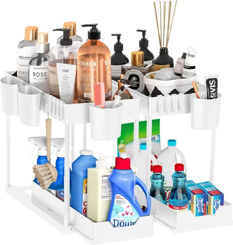 Vista 4 de Organizador para debajo del fregadero y almacenamiento de baño, paquete de 2 unidades, organizador de cesta de gabinete Kicthen de 2 niveles
