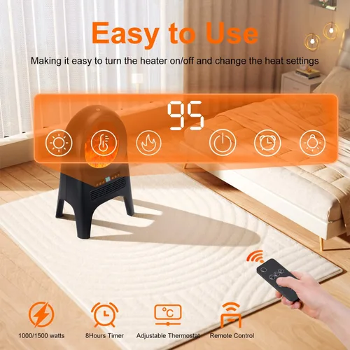 Vista 3 de Uthfy - Calentadores de ambiente para uso en interiores, 24 pulgadas, calentador de habitación portátil con llama 3D, 1500 W, calentador de cerámica