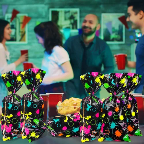 Vista 5 de Epakh Paquete de 100 bolsas de caramelos de neón de plástico, coloridas golosinas que brillan en la oscuridad, bolsas de regalo, envoltura de regalo