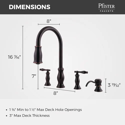 Vista 2 de Pfister Hanover - Grifo de cocina con rociador desplegable y dispensador de jabón, 2 mangos, 4 agujeros, arco alto, acabado en bronce toscano