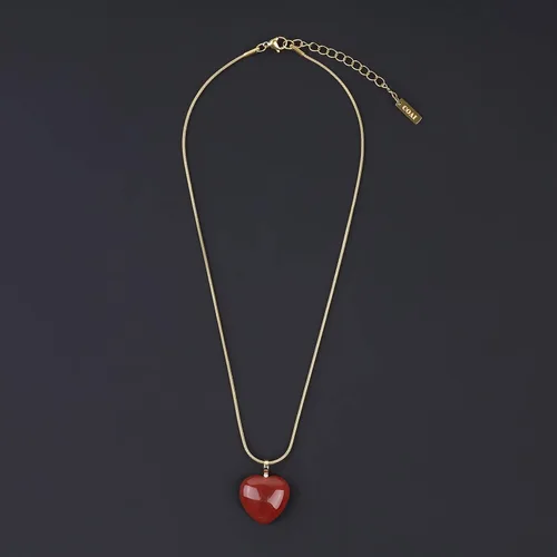 Vista 3 de COAI Collar de cornalina roja con colgante de corazón de cadena de serpiente, Piedra, Cornalina