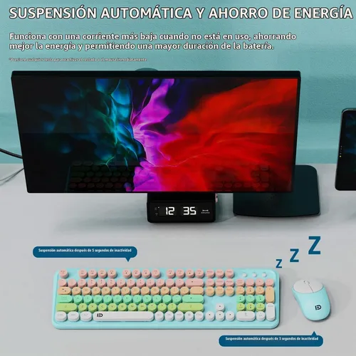 Vista 4 de FD Juego de teclado y mouse inalámbricos de 2.4 GHz con botón de interruptor, teclado de tamaño completo, compatible con EK8870 Azul Blanco Colorido