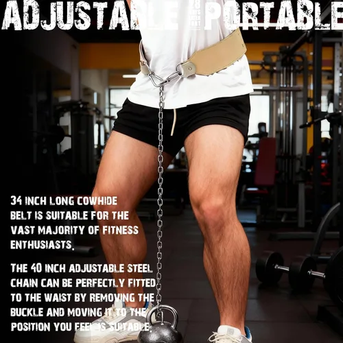 Vista 3 de Cinturón de inmersión de cuero de oxido de 34 pulgadas con cadena de acero, cinturón de inmersión de cuero resistente para dominadas, gimnasio
