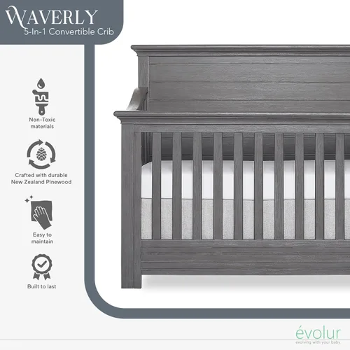 Vista 5 de Evolur Waverly - Cuna convertible de panel completo 5 en 1 en gris rústico, certificado JPMA y Greenguard Gold, fabricada con madera dura seca al