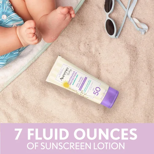 Vista 6 de Aveeno Baby Loción de protección solar mineral de óxido de zinc para pieles sensibles, amplio espectro SPF 50, sin desgarros, sudor y agua, sin