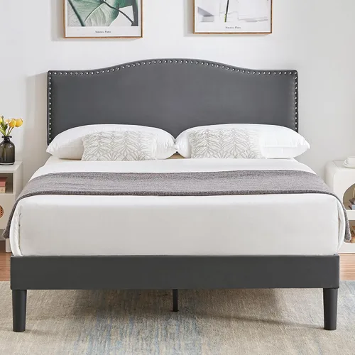 Vista 17 de VECELO Base de cama tamaño Queen, base de cama de plataforma con cabecera tapizada de altura ajustable, marcos resistentes y fuerte soporte