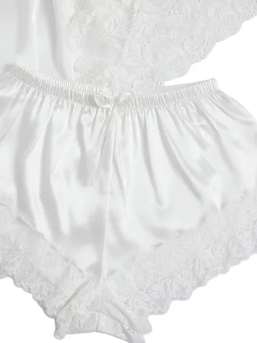 Vista 3 de WDIRARA - Conjunto de pijama de satén de seda para mujer, lencería de encaje floral, ropa de dormir con bata, 4 piezas