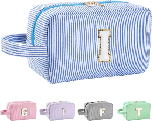 Vista 115 de Bolsa de maquillaje personalizada con inicial A-Z para mujeres, niñas y niños, bolsa de aseo de viaje, bolsa de maquillaje preparada, bolsa