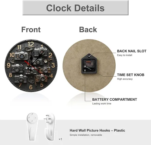 Vista 3 de Relojes retro con impresión de cámara para sala de estar, relojes de pared con pilas, silenciosos, sin tictac, 10 pulgadas, impresión 2D, reloj