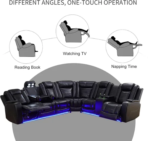 Vista 5 de Sofá modular reclinable eléctrico para sala de estar, moderno juego de sofá modular de cuero negro en forma de L, juego de sofá reclinable