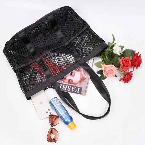 Vista 4 de Bolsa de playa - Bolsa tote de malla para vacaciones en la playa, ropa para mujeres, bolsa para piscina para viajes, piscina, crucero familiar