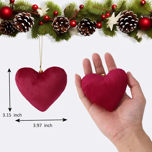 Vista 4 de Adornos para Árbol de Navidad, 6 Piezas de Adornos Colgantes de Terciopelo en Forma de Corazón para Navidad, Año Nuevo, Adornos para Fiestas