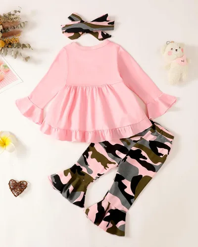 Vista 3 de Conjunto de ropa para bebé niña pequeña, con volantes, pantalones florales, ropa para niñas